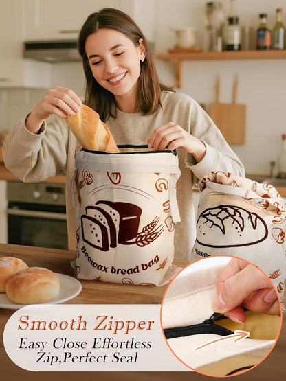 2 13''x16.7'' 2 ANPHSIN pcs Natural Beeswax Bread Bags with Sealing Zipper - Reusable Sourdough Storage Wraps