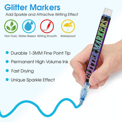 Celepen Glitter Marker Pens, 12 Colors Metallic Shimmer Glitter Markers Paint Pens, Glitter Art Marker for Adults DIY Crafts Greeting Birthday Cards Making Poster Album Scrapbooking Wood