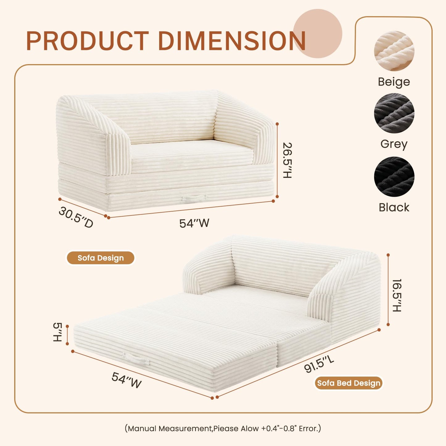 Convertible Boneless Loveseat Sleeper Sofa Bed, Folding Oversized Bean Bag Couch, Comfy Sofa Chairs for Adults with Filling, 54'' Futon Couch Bed, Beige
