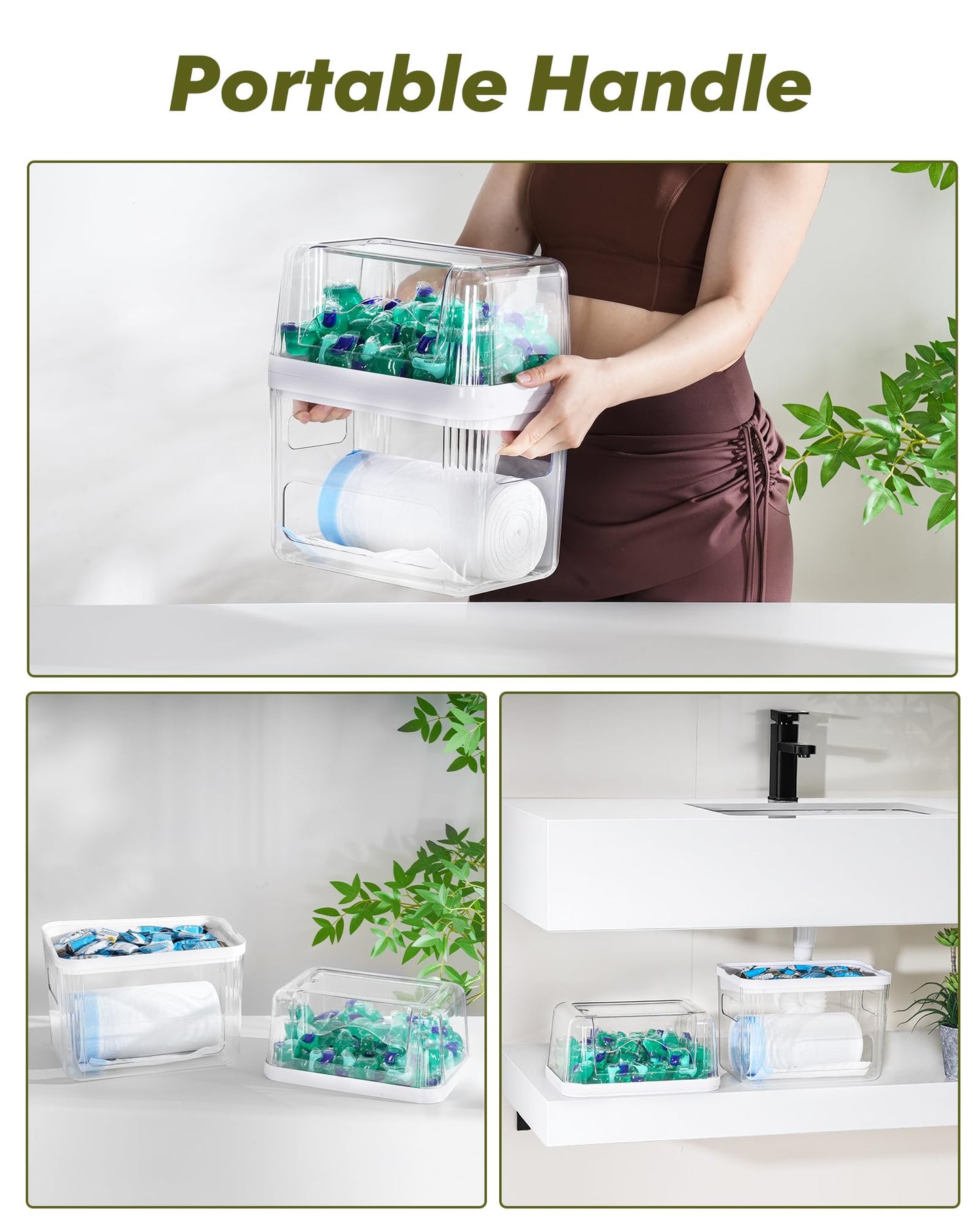iCASA Trash Bag Dispenser Dishwasher Pod Organizer, 3 in 1 Grocery Garbage Bags Holder Storage Box Clear Laundry Room Pods Dishwasher Tab Cleaner Tablets Container Pantry Kitchen Under Sink Organizers