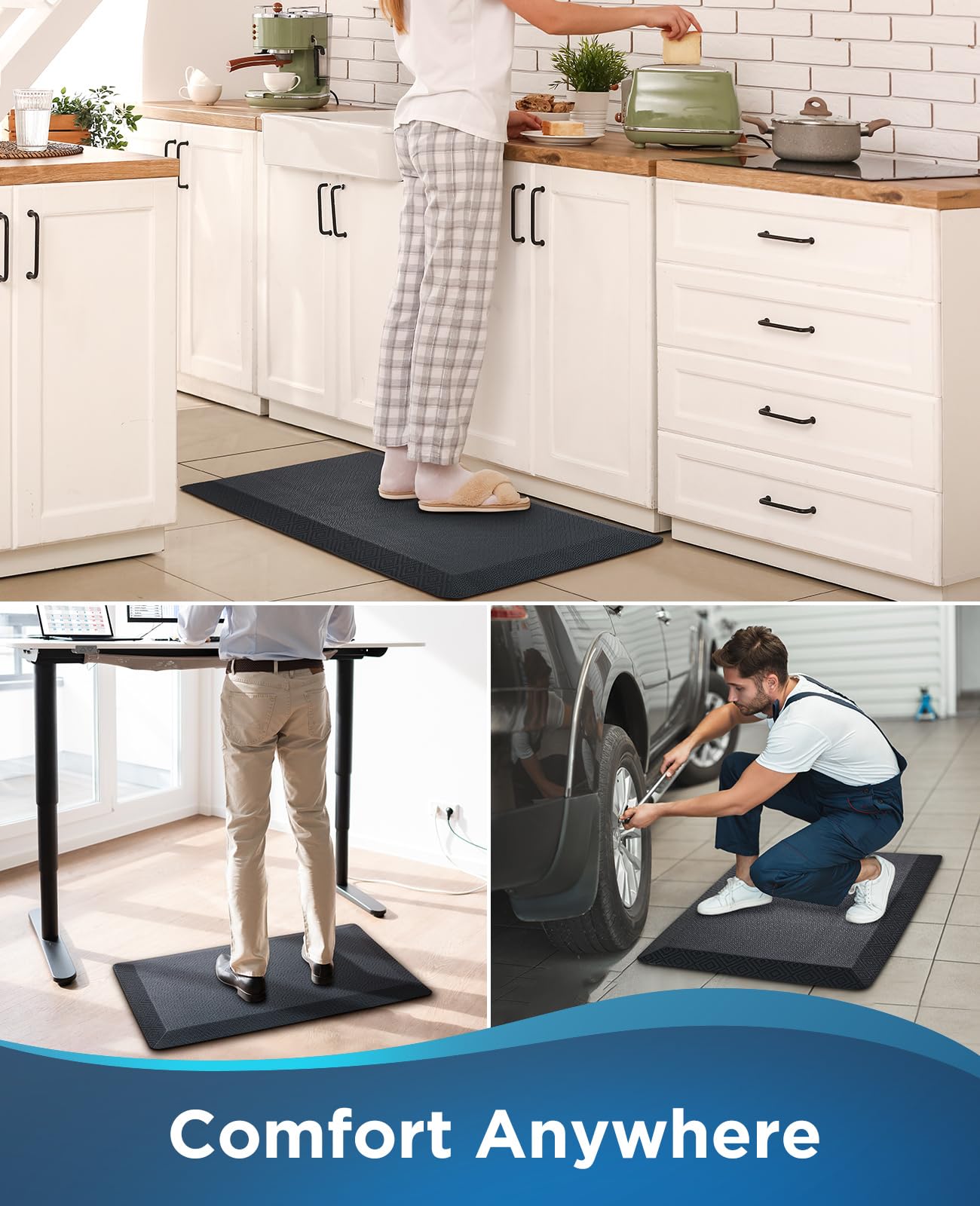 Ophanie Kitchen Mats for Floor, 3/4 inch Thick, 20x32 Anti Fatigue Cushioned Mat, Kitchen Rugs, Waterproof, Comfort Ergonomic Standing Mat for Office, Home, Sink, Black Non-Slip Ridged Bottom