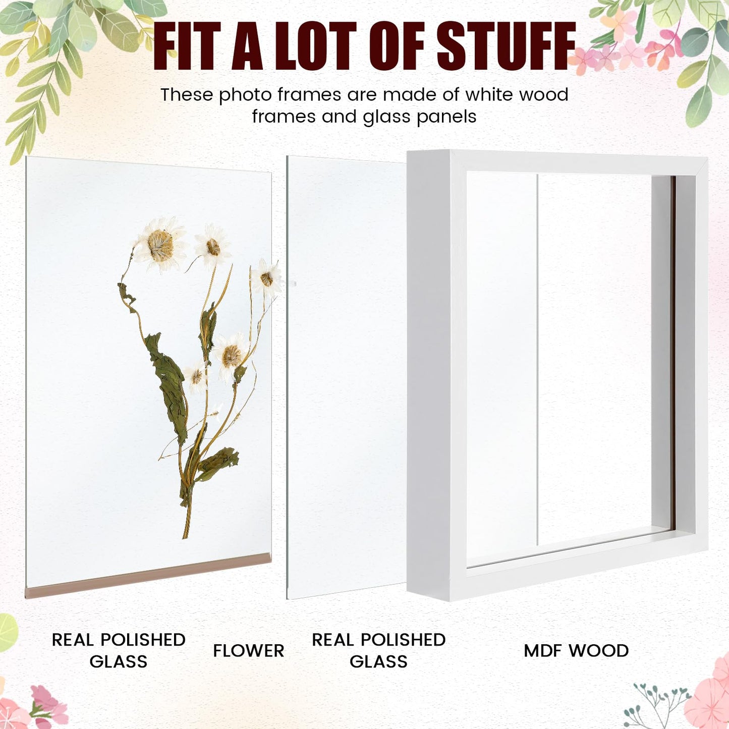 Fiwochic 4 Pack Pressed Flower Floating Picture Frames, 10, 8, 6, 5 Inch White Wooden Double Glass Pressed Flower Frames Wall Tabletop Display for Dried Flowers, Photos, Art, Birthday, Wedding Gift