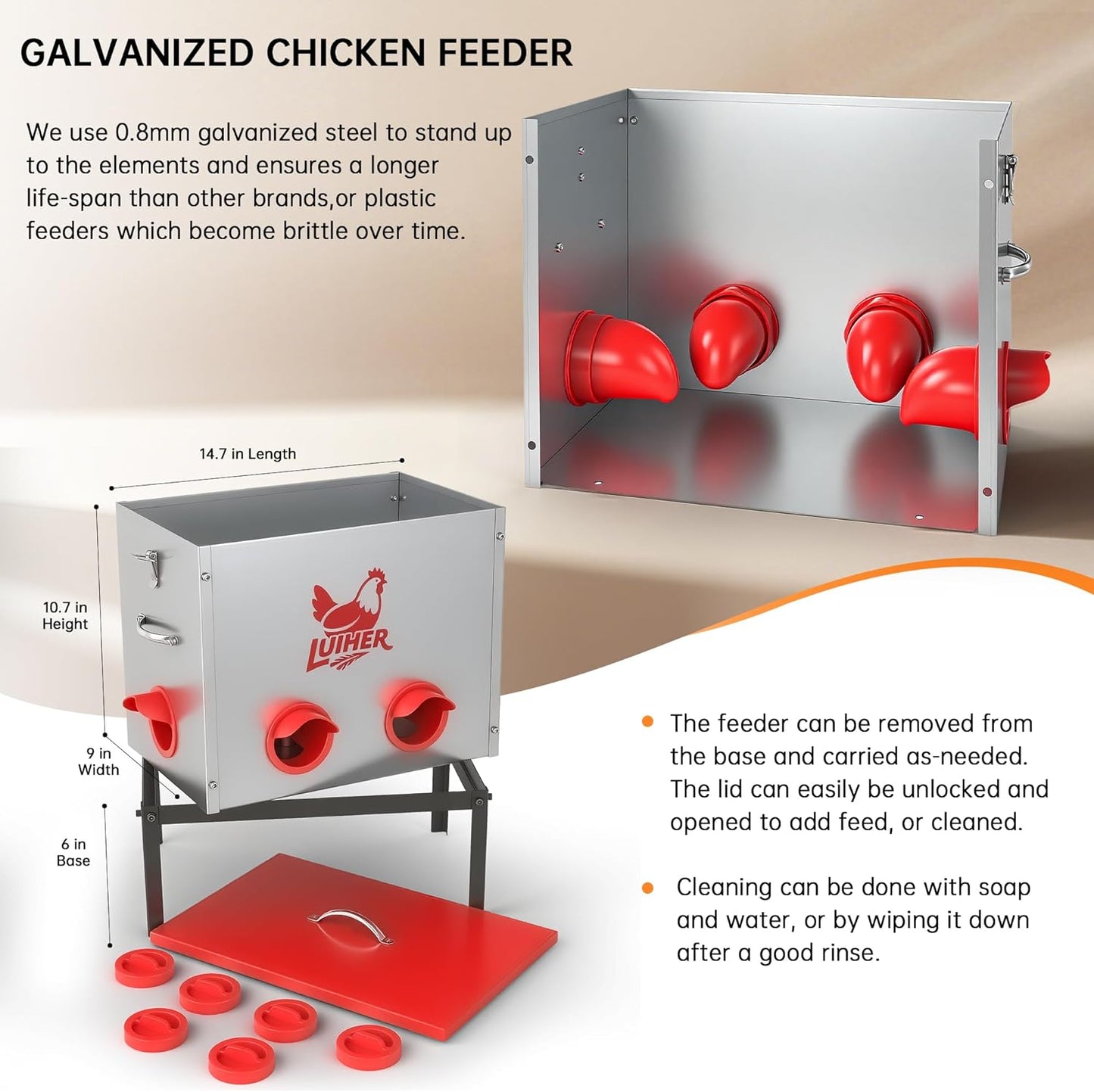 LUIHER 25LB 6 chicken food dispenser no waste chincken feeder Ports Large Capacity Galvanized Metal Poultry Feeder