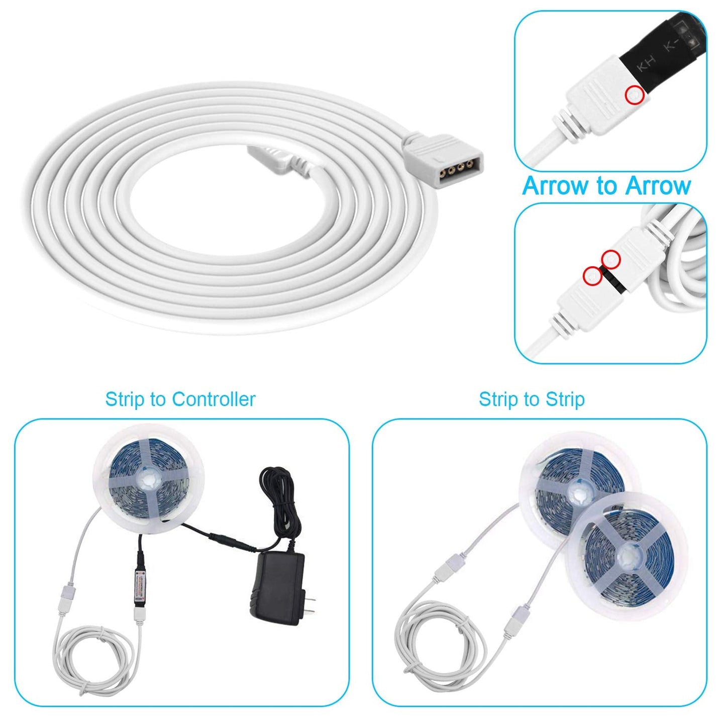 iCreating 5050 4Pin LED Strip Connector Kit 10mm RGB 4 Pin LED Connector Accessories Kit Include L LED Connectors for Strip Lights, 4-pin LED Light Strip Connectors with Wire, LED Extension Cable