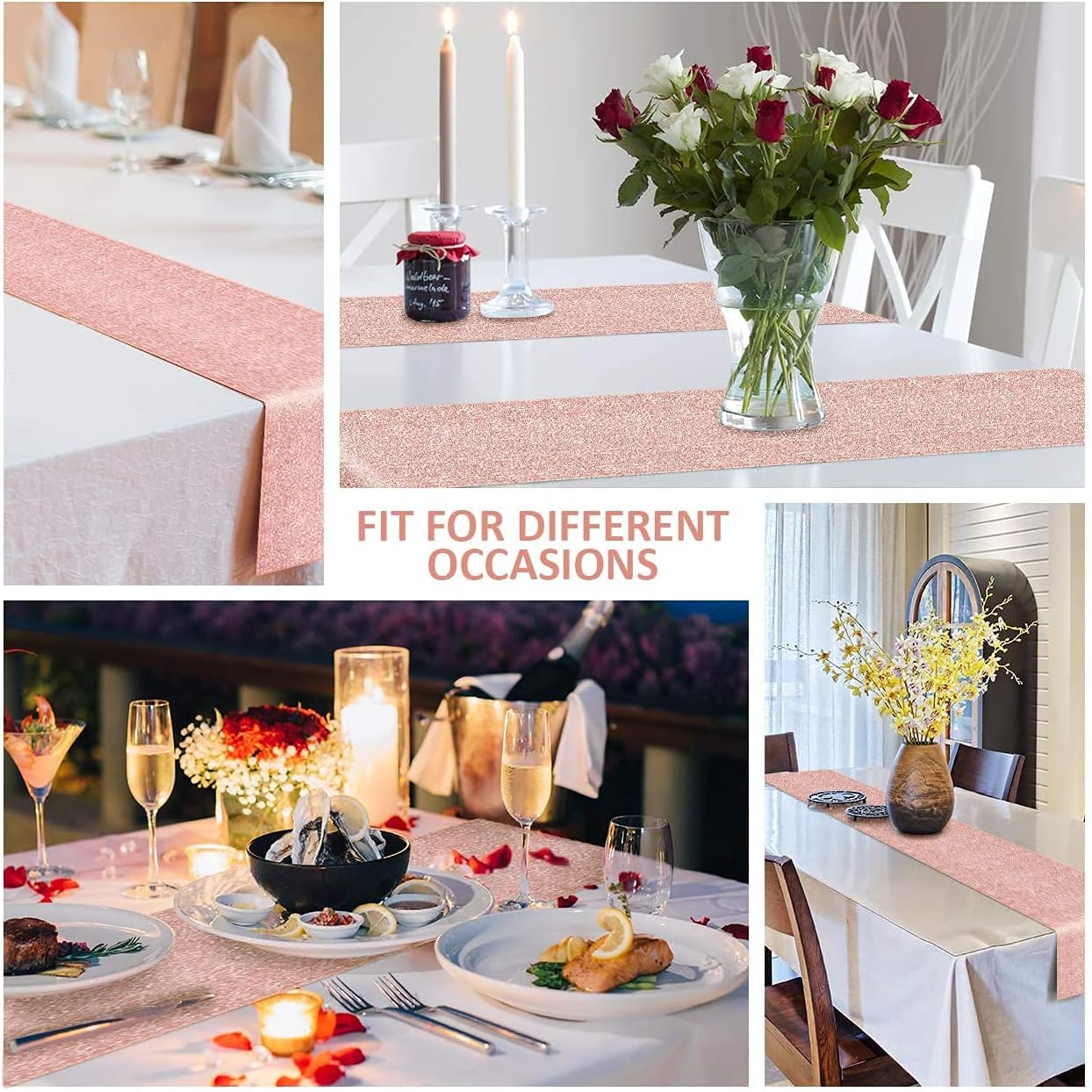 FGSAEOR Rose Gold Tablecloth, 12x108inch Sequins Table Runners and 54x108inch Plastic Table Cloths for Christmas