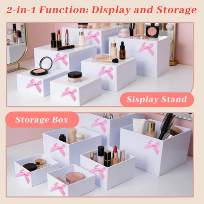 Hokimder 6 Pcs Acrylic Buffet Risers with Mini Signs and Makers, White Food Risers with Bowknot and Hollow Bottoms, Food Display Stands for Party, Dessert, Jewelry & Collectibles (8",7",6",5",4",4")
