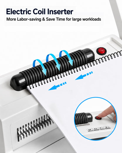 MAKEASY Spiral Coil Binding Machine with 46 Fully Disengaging Pins - 4:1 Pitch - Electric Coil Inserter - Adjustable Side Margin, Comes with Free 1 Box Coil Spines & Plier, 20 Sheet Punch Capacity