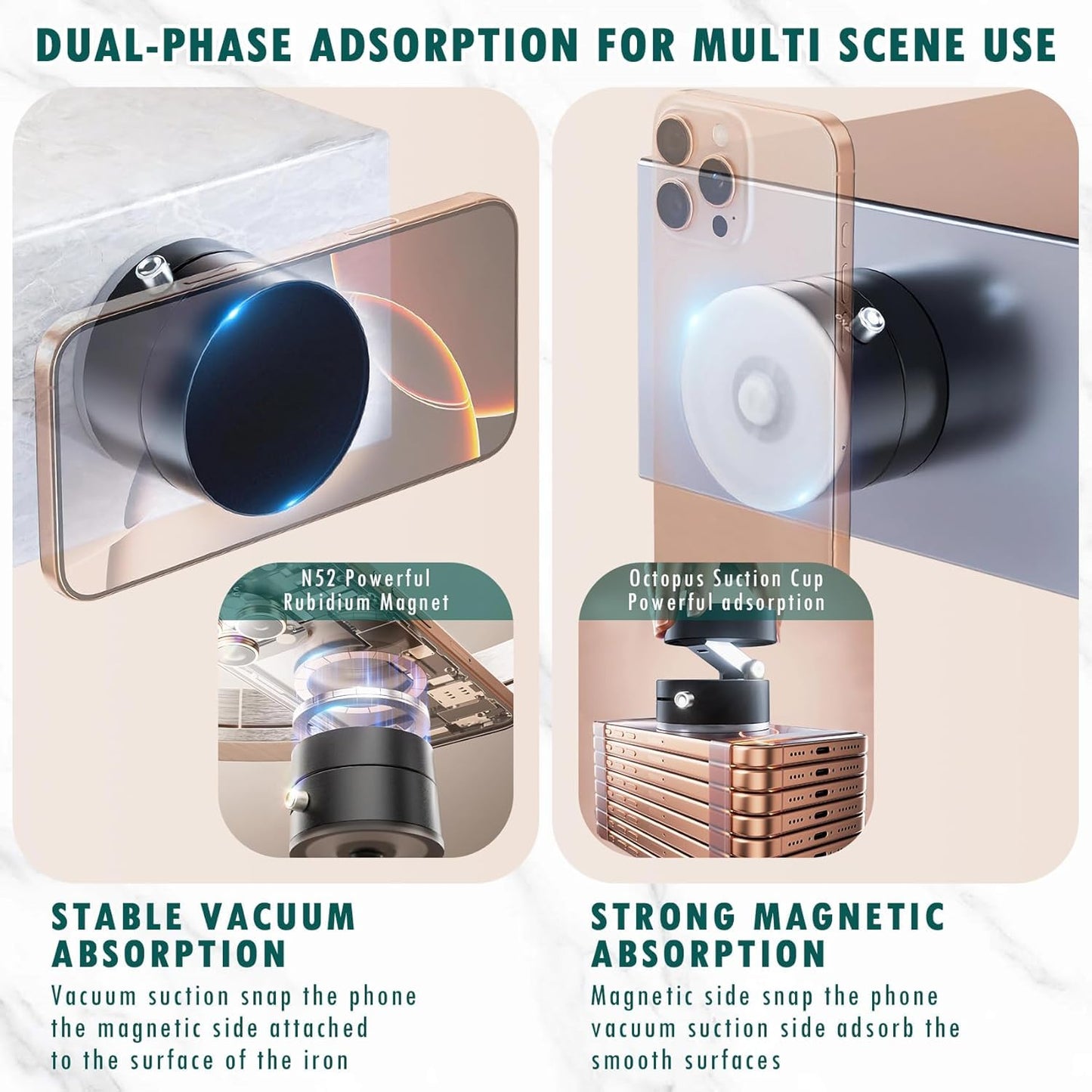 Car Phone Holder Upgraded Vacuum Magnetic Phone Holder for Car with N52 Magnet, Adjustable Suction Cup Phone Mount, Includes Metal Ring & Adhesive Pad, Fits iPhone & Android