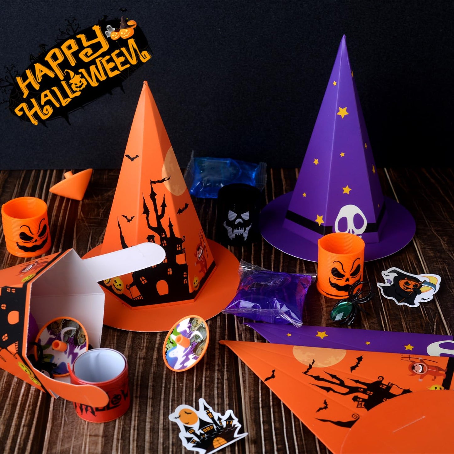NAISEN 194PCS Halloween Party Favors For Kids, Witch Hat Shaped Halloween Goodie Bag Stuffers 18 Pack With Fun Slime Halloween Toys Bulk, Non Candy Treats for Kids Classroom Prizes