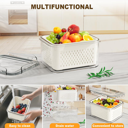 4 Pcs Fruit Storage Containers for Fridge (with Drain Basket) - Leak-Proof Food Containers, BPA-Free, Keep Fruits, Vegetables, Berries, and Meats Fresh for a Long Time, Dishwasher and Microwave Safe