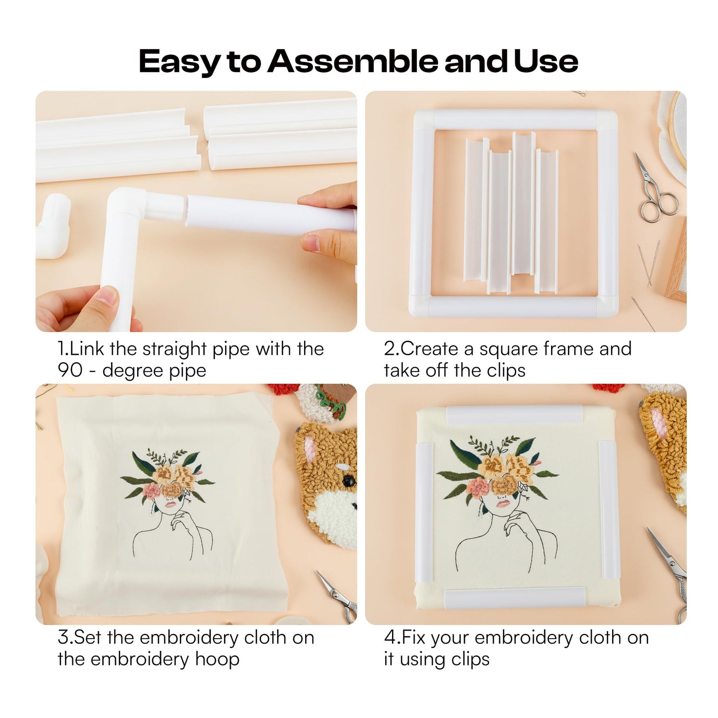Caydo 3 PCS Square Embroidery Hoops, Plastic Cross Stitch Snap Frames with Sewing Needles for Quilting, Needlepoint & Silk-Painting 6 x 6, 8 x 8, 11 x 11 in(White)