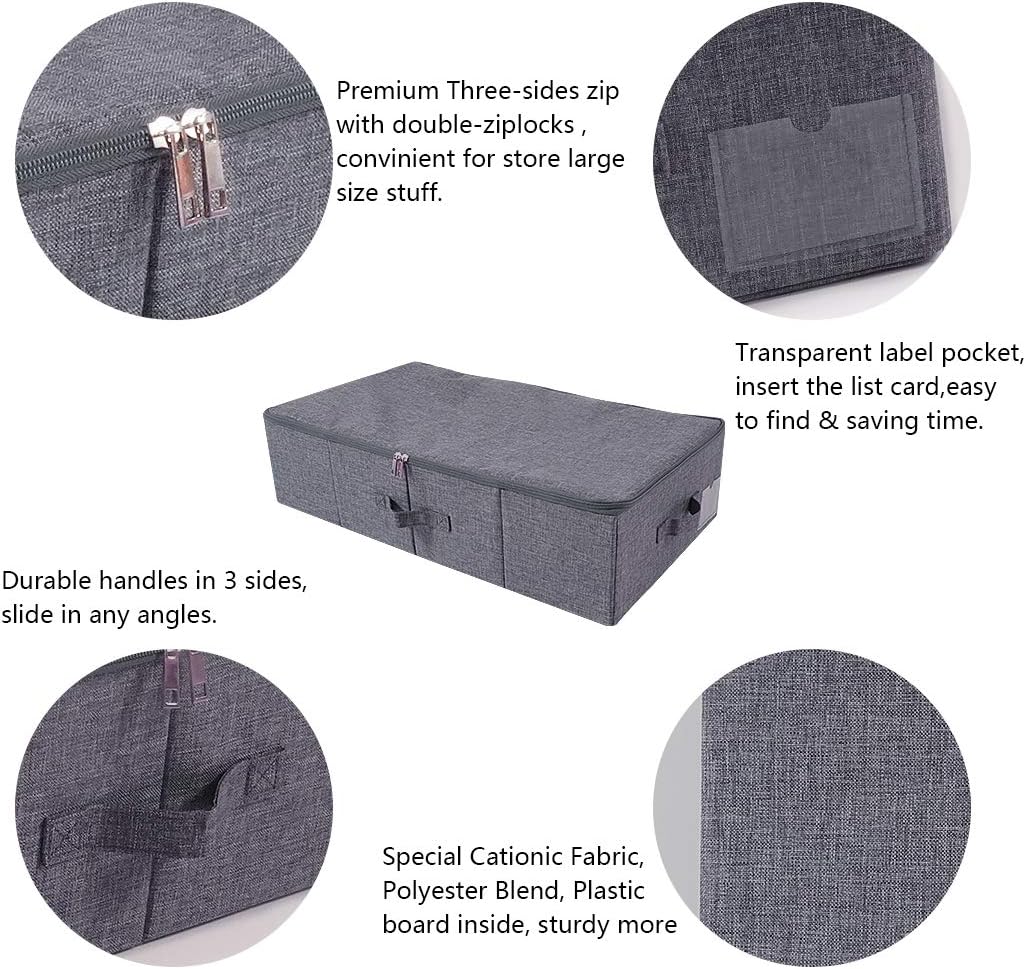 Underbed Storage Boxes for Bedding, Garment, Duvets, Blankets, Shoes, Folding Fabric Rigid Bins with Zip Lid, Washable