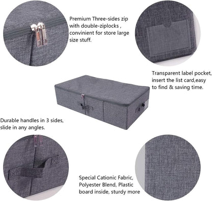 Underbed Storage Boxes for Bedding, Garment, Duvets, Blankets, Shoes, Folding Fabric Rigid Bins with Zip Lid, Washable