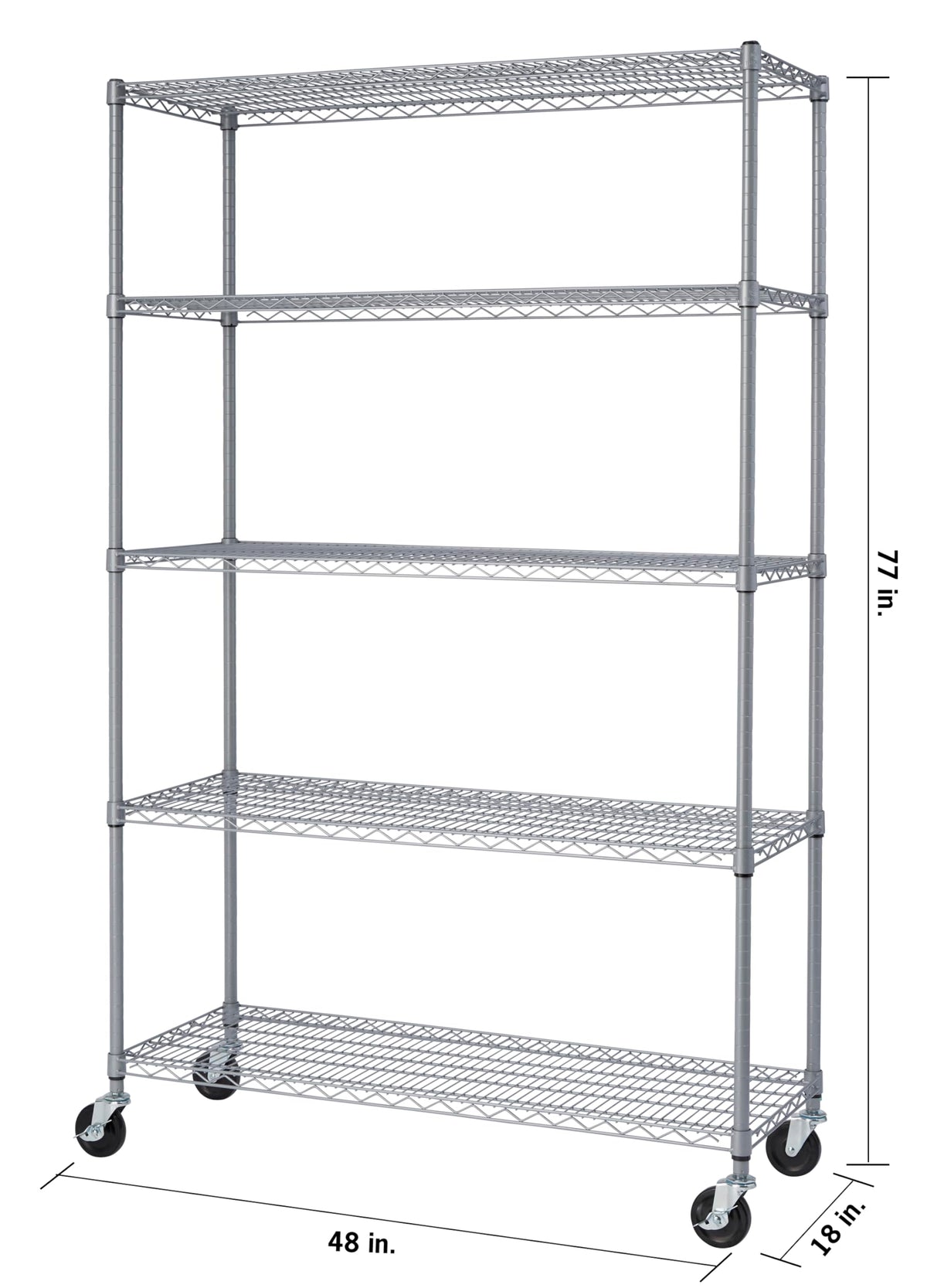 TRINITY EcoStorage Heavy Duty 5-Tier Adjustable Wire Shelving with Wheels for Outdoor Use, Garage Storage and More, NSF Certified, 800-4000 Lb Capacity, Gray, 48" W X 18" D X 72-77" H
