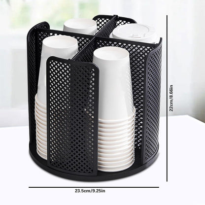 Black Rotated Cup and Lid Dispenser, Paper Cup Holder for Countertop with 4 Compartments for Coffee Station