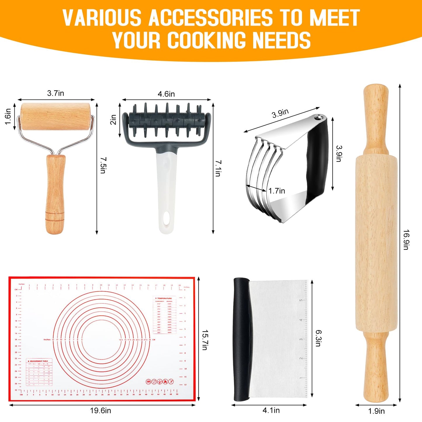 Wooden Rolling Pins for Baking, Small Dough Roller with Handle, Stainless Steel Pastry Blender Set with Pizza Dough Roller Docker, Pastry Cutter, Dough Cutter, Baking Mat, for Home Kitchen Cooking