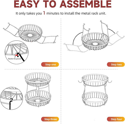 2 Counter 2 Counter Sevenblue Tier Large Fruit Basket for Kitchen with Banana Hangers, Metal Stackable Fruit Bowl