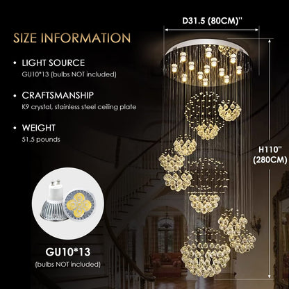 Siljoy Modern Foyer Chandeliers for High Ceiling, Large Staircase Chandelier with Spiral Sphere Design, Raindrop Crystal Chandelier Flush Mount Ceiling Light for Entryway Living Room W31.5 X H110