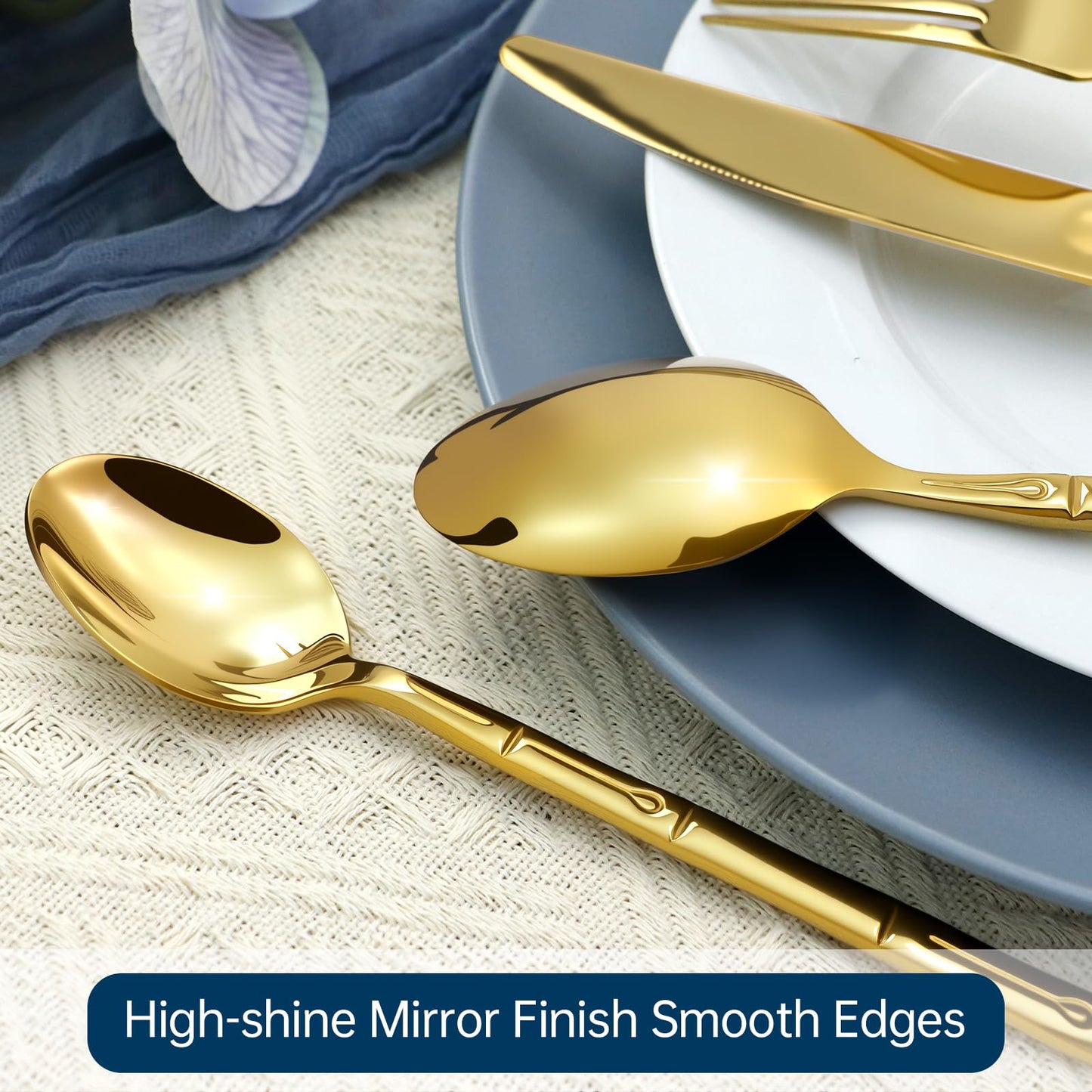 SILWELL Silverware 60-Piece Stainless Steel Mirror Polishing Gold Flatware Set Bamboo Pattern Cutlery Set Service for 12