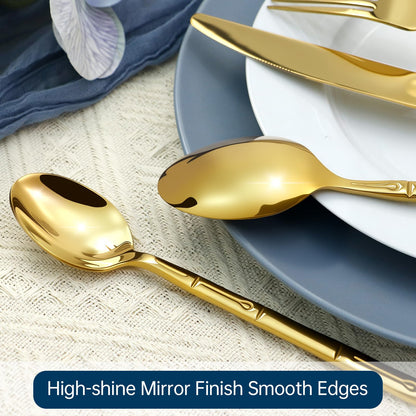 SILWELL Silverware 60-Piece Stainless Steel Mirror Polishing Gold Flatware Set Bamboo Pattern Cutlery Set Service for 12