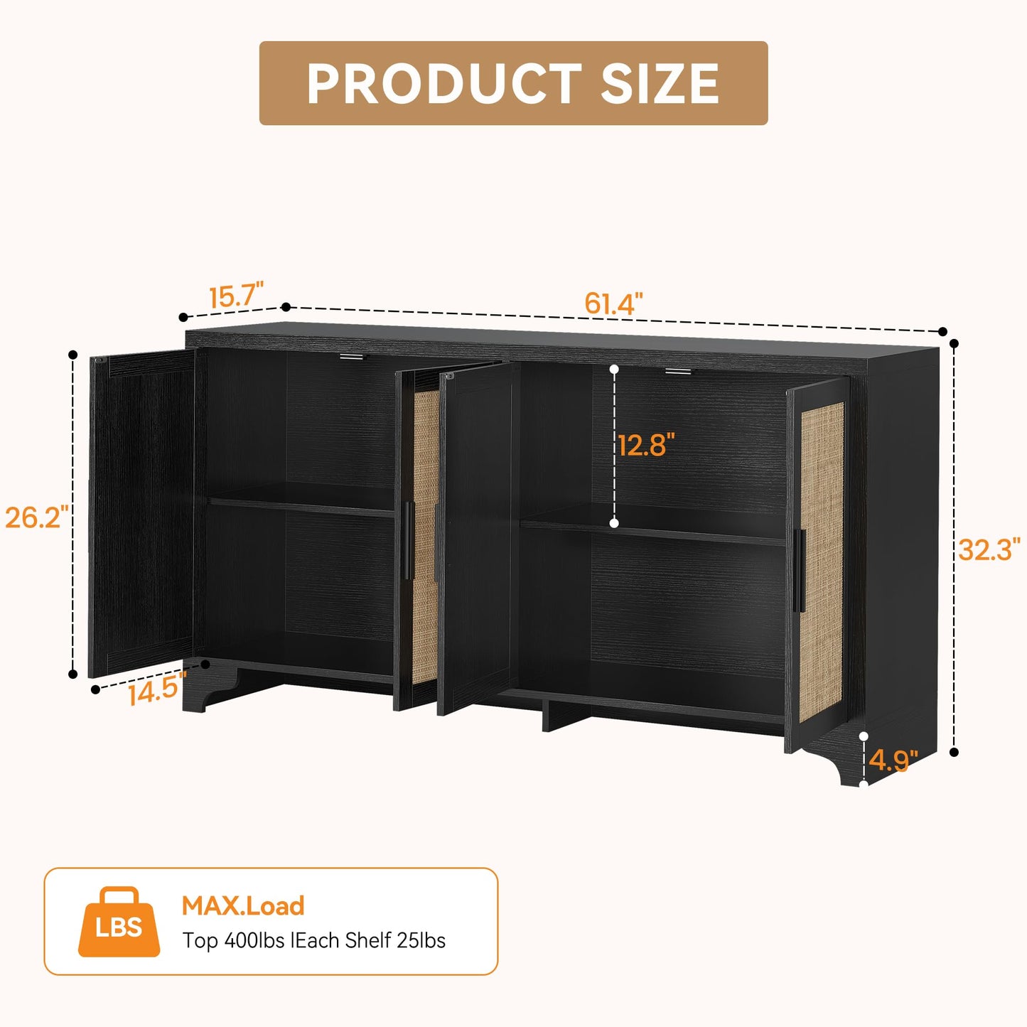 Garvee Natural Rattan Storage Cabinet with Shelves, 4-Door Sideboard Buffet Cabinet, Boho TV Stand Console Table for Living Room, Entryway, Dinning Room