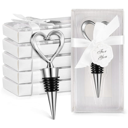 Ferraycle 30 Pcs Heart Wine Stoppers Wedding Bridal Shower Favor for Guests Silver Heart Wine Bottle Openers Champagne Stopper Wine Saver Metal Wine Cork Holder Plugs with Box for Wedding(Classic)