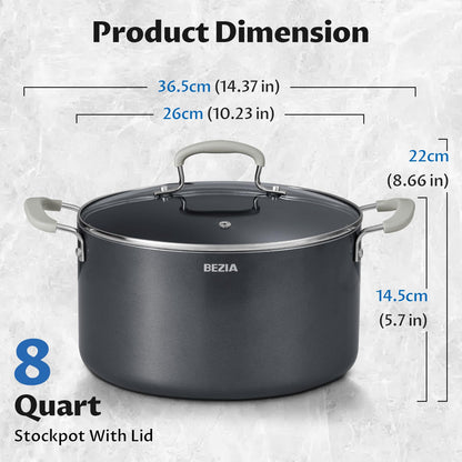 8 Quart Nonstick Stock Pot with Lid - BEZIA Ceramic Large Soup Pot for Family Cooking, Induction Ready, Stay-Cool Silicone Handles, Easy Cleanup, Perfect for Stews, Pasta & Batch Cooking