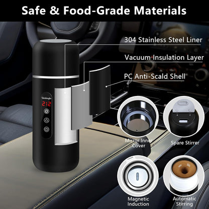 12V/24V 420ML 304 Car Kettle, Portable Electric Travel Kettle & Stainless Steel Water Boiler with Built-in Magnetic