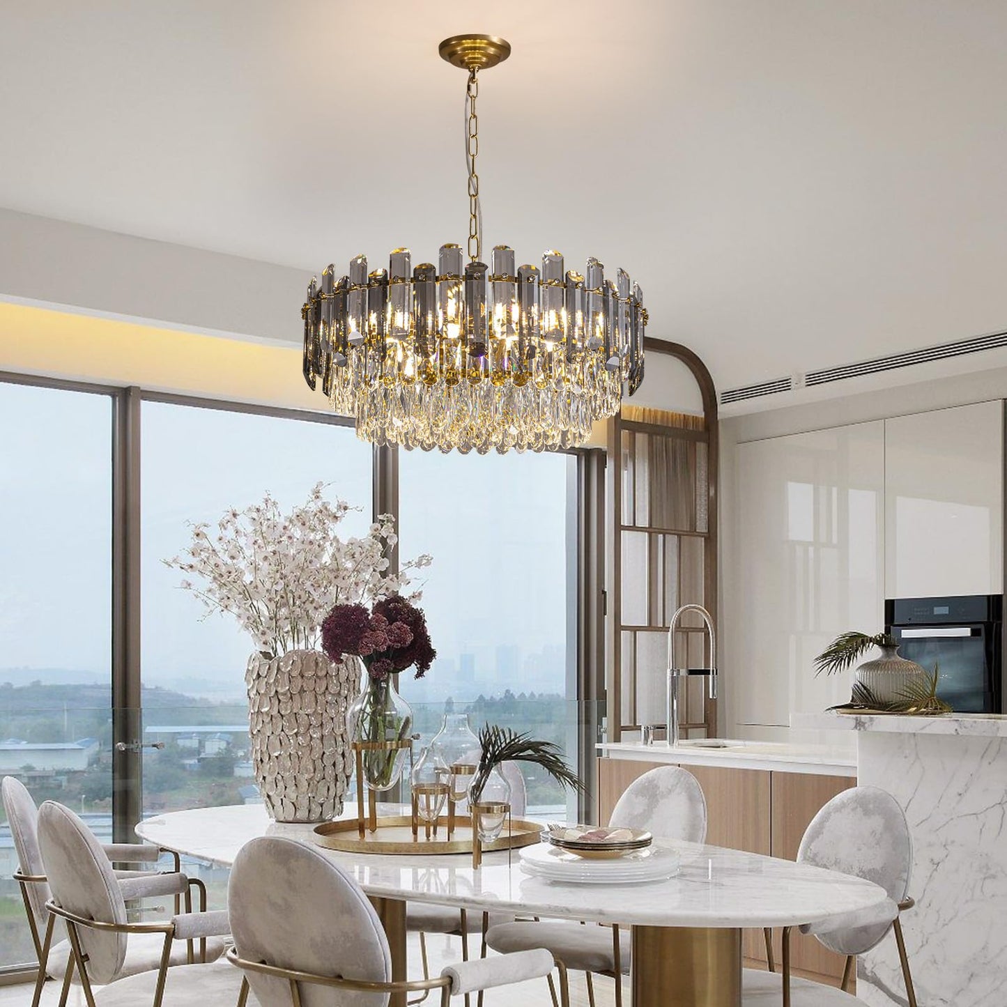 7PM Gold Crystal Chandeliers, 24-inch 4-Tier Modern Crystal Chandelier for Dining Room, Luxury Crystal Pendant Light Ceiling Light Fixture for Living Room Kitchen Island Bedroom Entryway, Brass Finish