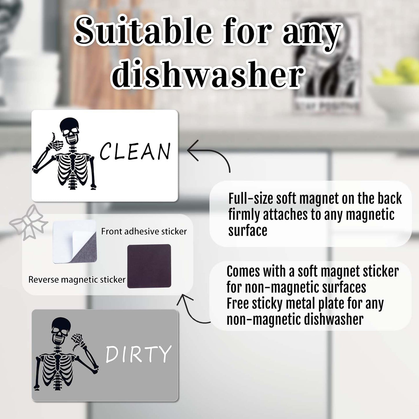 Chendalize Dishwasher Magnet Clean Dirty Sign, Strong Magnet Clean Dirty Magnet for Dishwasher, Double Side Reversible dirty clean dishwasher magnet, Funny Skeleton Dishwasher Magnet, Easy to Read