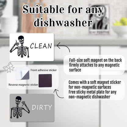 Chendalize Dishwasher Magnet Clean Dirty Sign, Strong Magnet Clean Dirty Magnet for Dishwasher, Double Side Reversible dirty clean dishwasher magnet, Funny Skeleton Dishwasher Magnet, Easy to Read