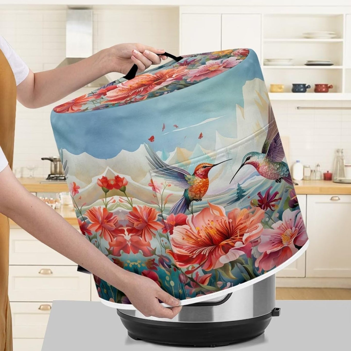 Washable Hummingbird Floral Air Fryer Cover for 6 Qt Pressure Cooker, Small Kitchen Appliance with Top Handle