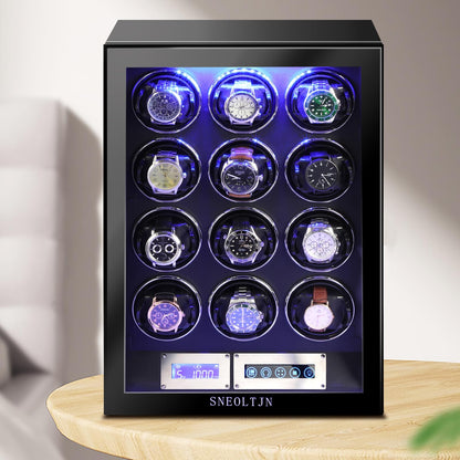 SNEOLTJN Watch Winder for 12 Slots Automatic Watches, Ultra-Quiet Japanese Motors, Built-in LED Illumination and LCD Touchscreen Control