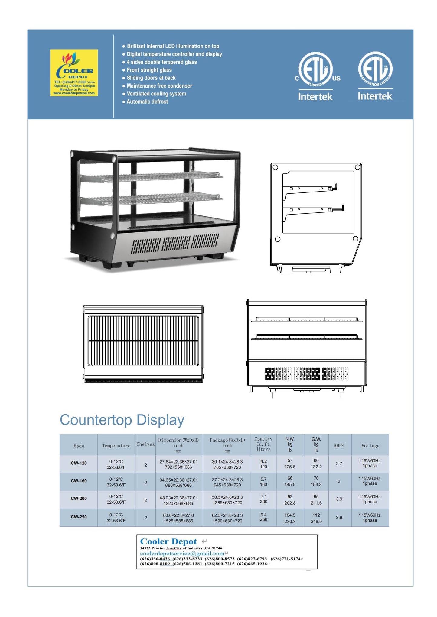 Bakery Display Cooler Countertop Refrigerated Case Desktop Vertical 28 ins Commercial Restaurant Pastry Deli Stainless Steel Base Curved Glass NSF Food Cooler CW120720