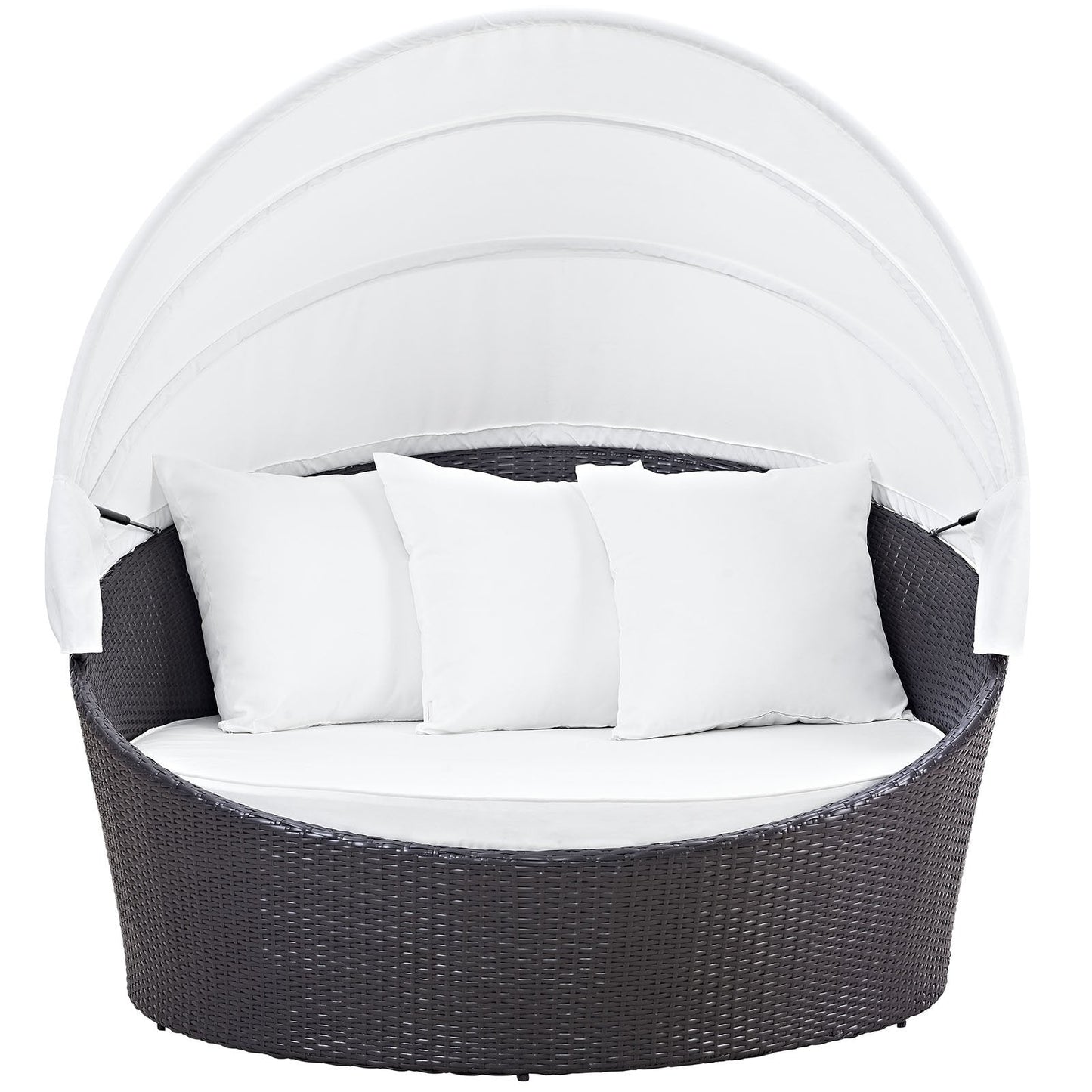 Modway Convene Wicker Rattan Outdoor Patio Retractable Canopy Round Poolside Sofa Daybed in Espresso White