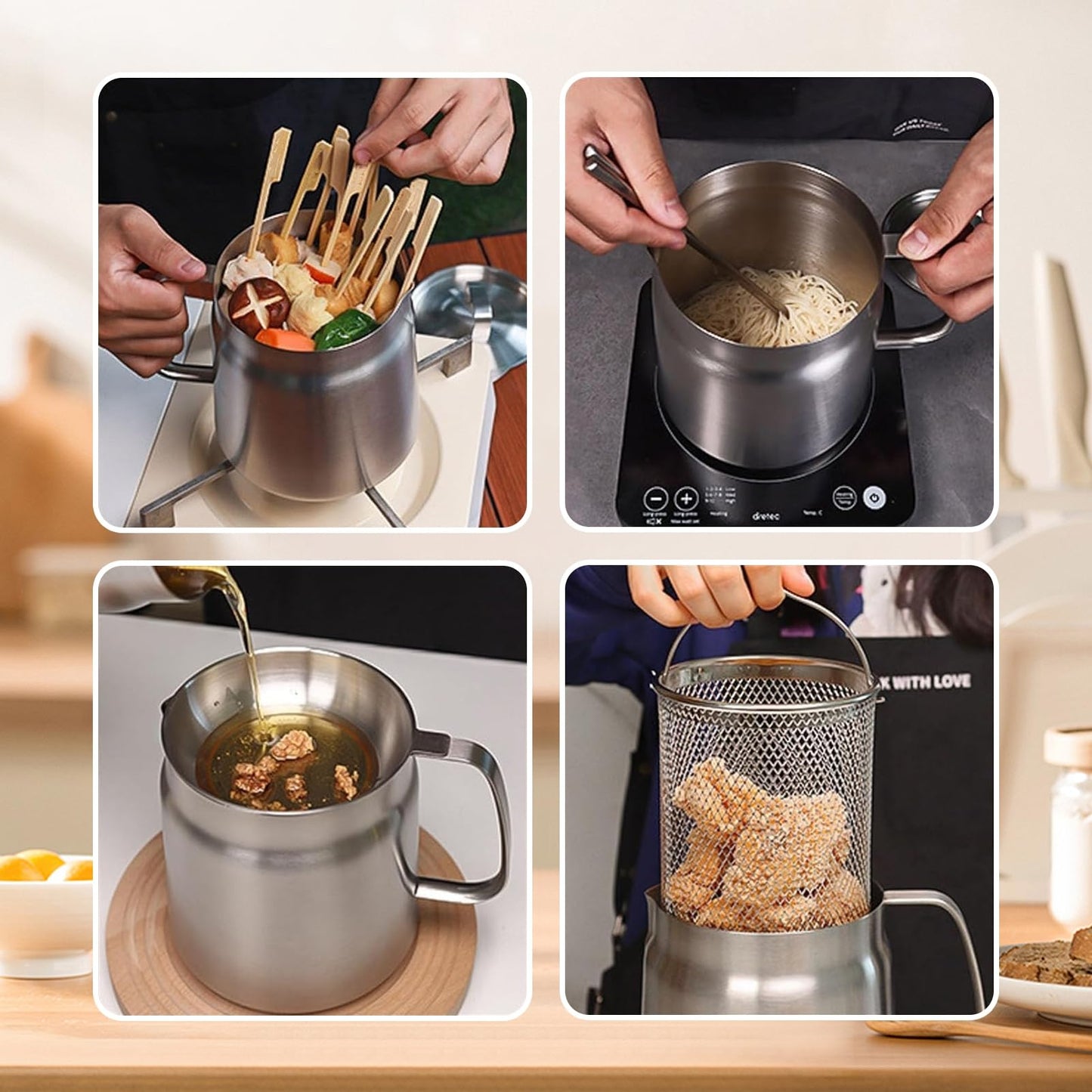 50oz 304 Stainless Steel Deep Fryer Pot with Basket & Strainer, Large Capacity Bacon Grease Container for Kitchen,Frying, Cooking, Camping,Oil Filter Container - Dishwasher Safe (50oz/1.5L/1.7Qt)