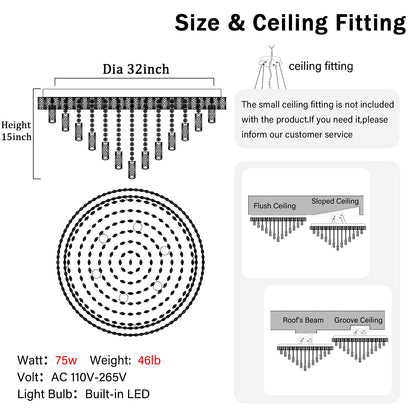 Dia 32" Modern Crystal Chandeliers LED Dimmable Living Room Chandelier Black Pendant Lighting Crystal Ceiling Light Fixture for Entrance Bedroom Hallway Foyer
