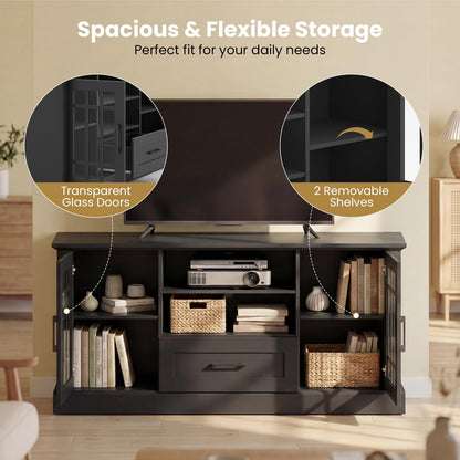 Giantex Farmhouse TV Stand for 65/70 Inch TV, Tall Entertainment Center with Storage Cabinets, Glass Doors, Drawer, Removable Shelves, Media TV Console Table for Living Room, Bedroom (Black)