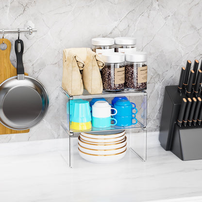 Yieach 2 Pack Acrylic Cabinet Organizer,2 Tier Stackable Shelves for Cabinets,RV Pantry Organization,Counter Space Saver Desk Organizers,Cupboard Shelf and Cabinet Stand & Risers for Mug,Cup,Dish