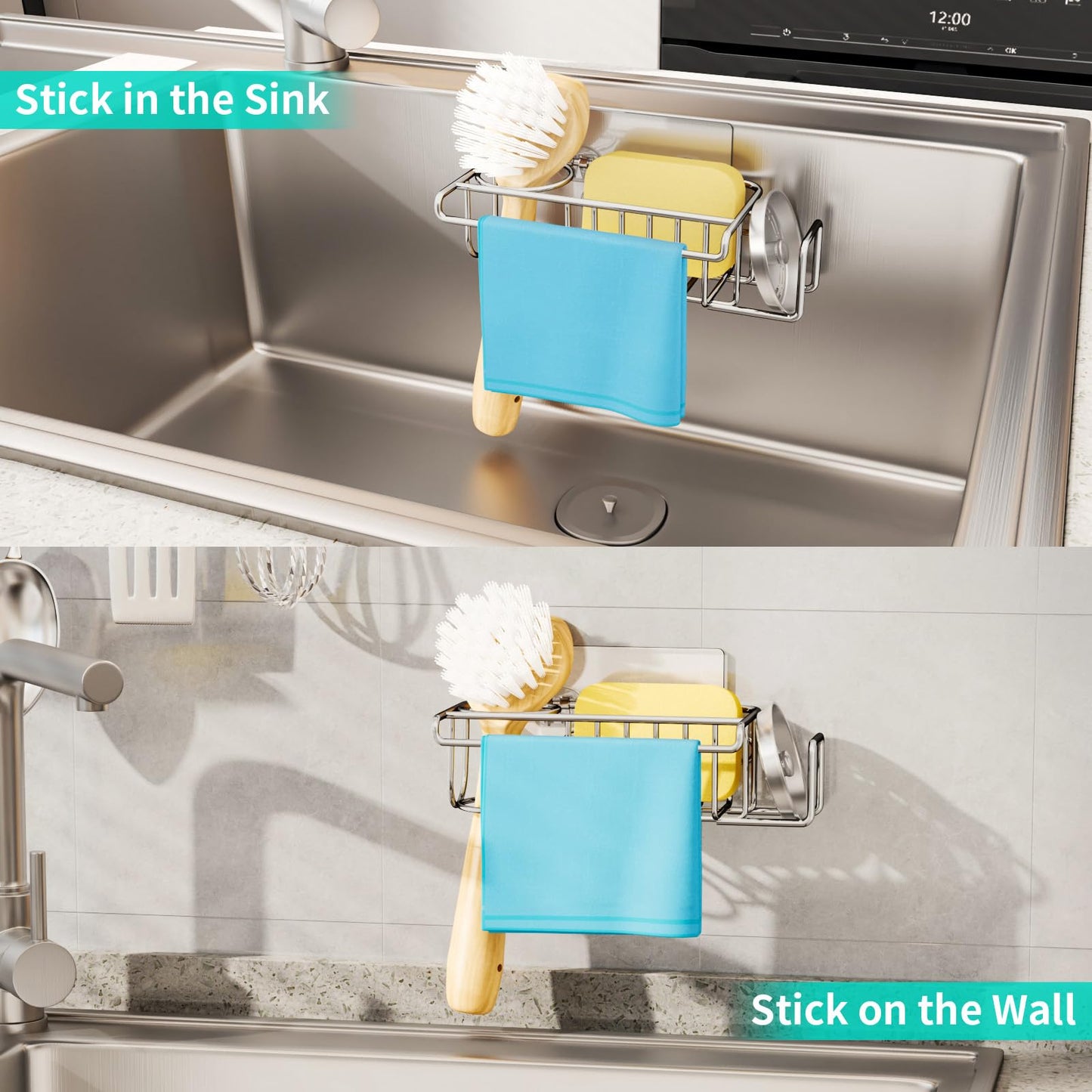 HapiRm 4 in 1 Sink Caddy Sponge Holder, SUS304 Stainless Steel Kitchen Brush Holder and Dish Cloth Hanger, Kitchen Organizers and Storage Essentials - Silver