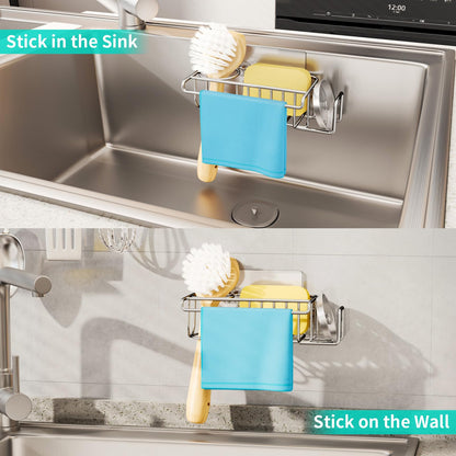 HapiRm 4 in 1 Sink Caddy Sponge Holder, SUS304 Stainless Steel Kitchen Brush Holder and Dish Cloth Hanger, Kitchen Organizers and Storage Essentials - Silver