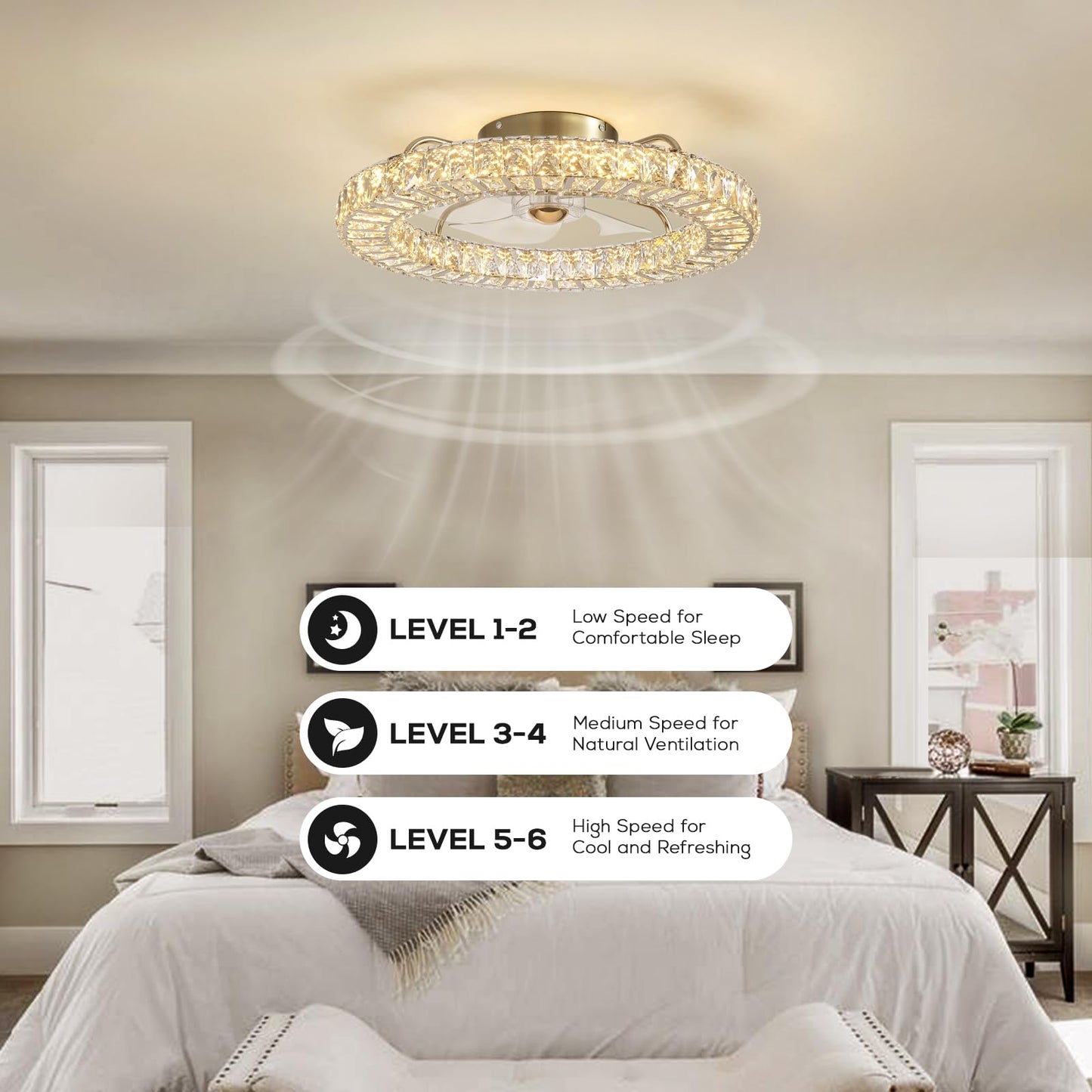 MOOONICHE 22" Low Profile Flush Mount Ceiling Fan, Ceiling Fan with Light and Remote, Dimmable Fandelier with Crystal Lampshade, Bladeless Enclosed Fan Light-Gold