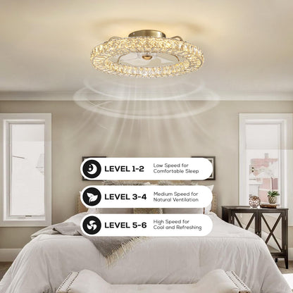 MOOONICHE 22" Low Profile Flush Mount Ceiling Fan, Ceiling Fan with Light and Remote, Dimmable Fandelier with Crystal Lampshade, Bladeless Enclosed Fan Light-Gold