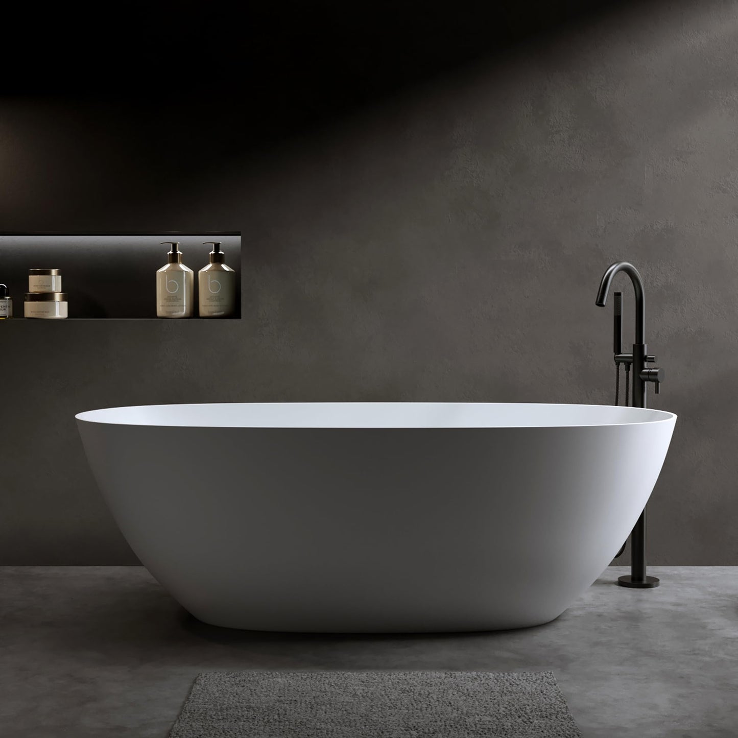 GDFStudio 69" Solid Surface Freestanding Bathtub, Matte White Stone Resin Soaking Tub with Overflow and Pop-Up Drain, Thick Edge Oval Stand Alone Deep Soaker Tub for Modern Bathroom Spa Relaxation