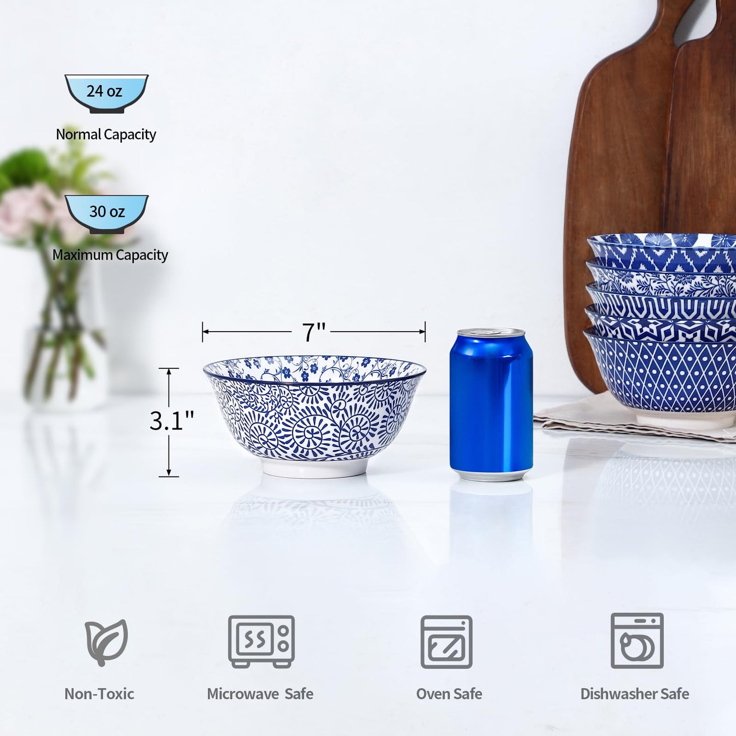 Selamica 7 inches Porcelain Cereal Bowl Set - Set of 6, Soup Bowls, Ceramic bowls for Cereal, Soup, Salad and Pasta, Vintage Blue