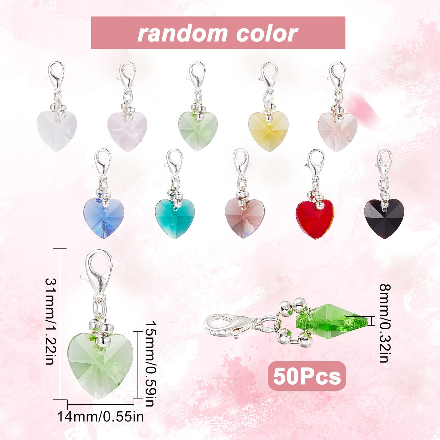 SUNNYCLUE 1 Box 50Pcs Stitch Markers Crochet Stitch Marker Cute 0.2/pc Crystal Heart Bead Charms Clip On Removable Lobster Clasp Charm Locking Knitting Tools for Weaving Sewing Knit Quilting