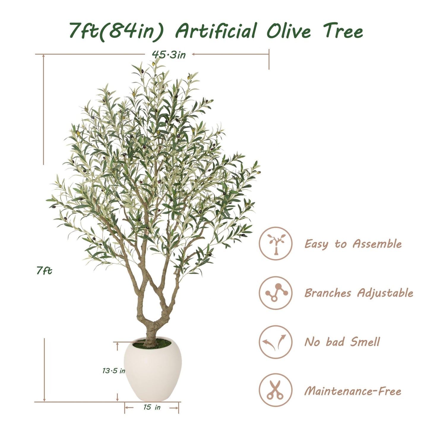 Bellacat 7ft Faux Olive Tree with Warm White Spotlight & 15''D x 13.5''H Large White Planter, 84in Fake Olive Tree with Lifelike Leaves& Fruits, Artificial Olive Tree Indoor for Home & Office Decor