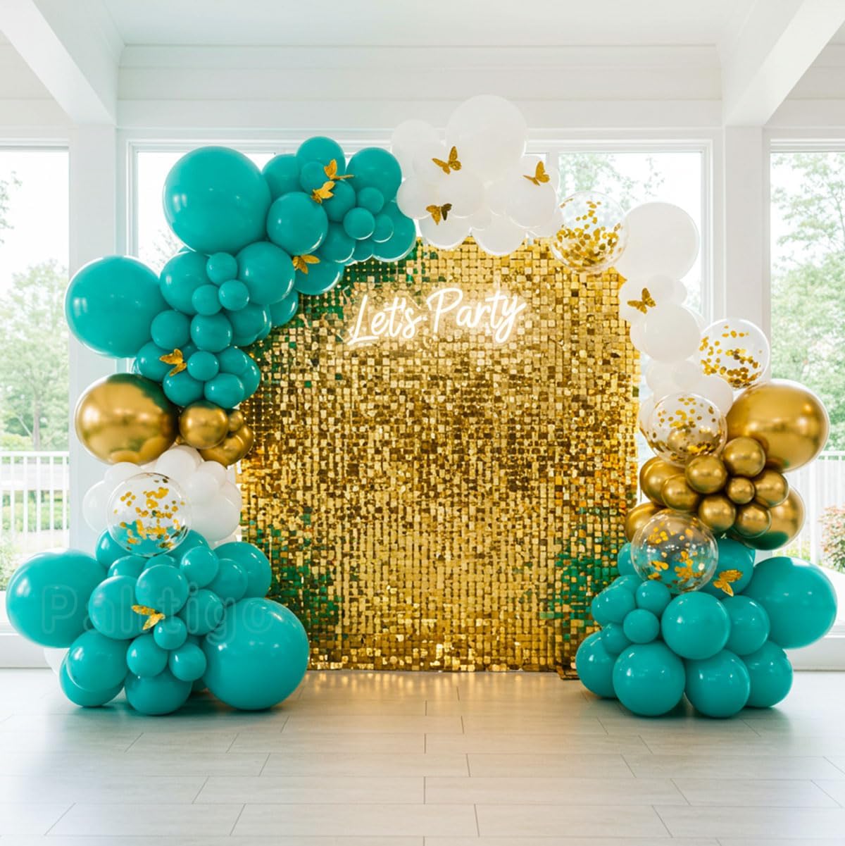 Teal Balloon Garland Kit with Gold Butterflies, Turquoise, Blue, Green, White & Gold Balloons for Party Decor