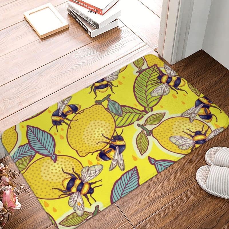 Welcome Doormat - Yellow Lemon and Bee Funny Entryway Rug, Non-Slip, Washable Outdoor Mat for Kitchen, Bathroom