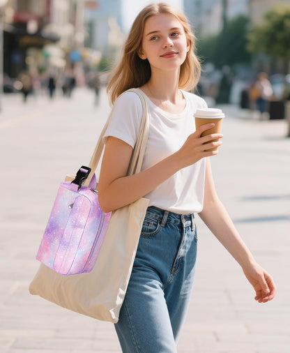 Neverwhy Small Insulated Snack Bag Lunch Box,Collapsible Reusable Small Lunch Bag with Snap Buckle Handle for Beach Travel Picnic,Pink Starry Sky 5-Can(3L)